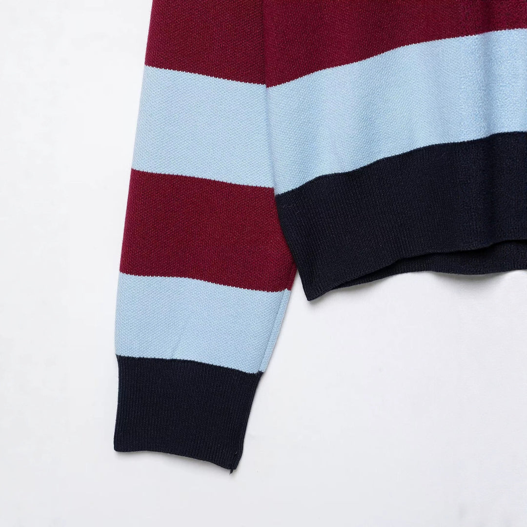 Damen Gestreifter Rugby-Pullover mit Polokragen und V-Ausschnitt Drune
