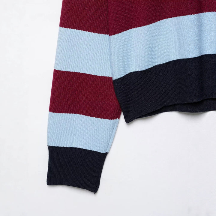 Damen Gestreifter Rugby-Pullover mit Polokragen und V-Ausschnitt Drune