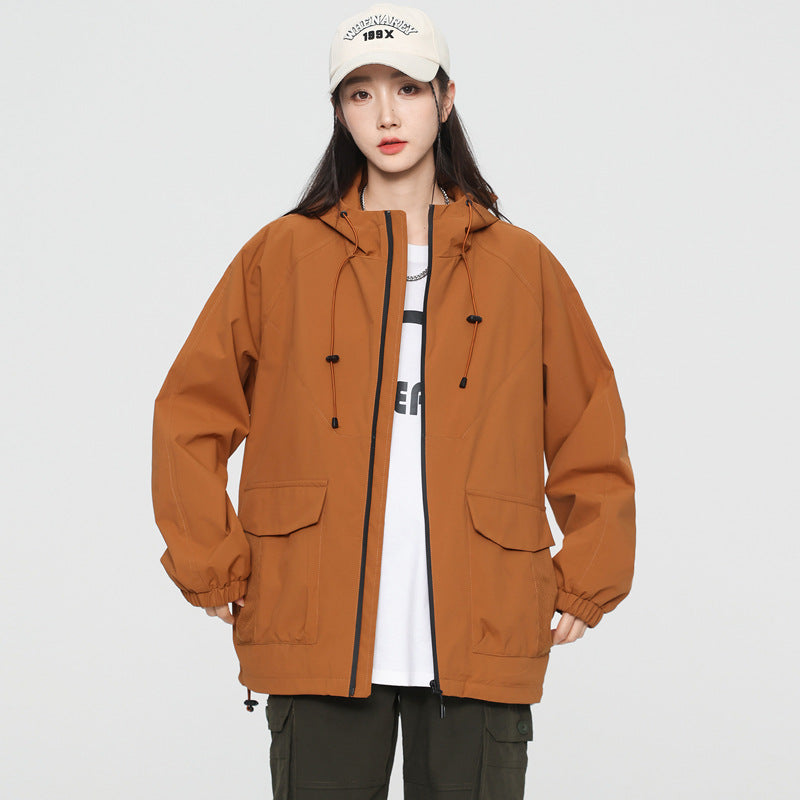 Damen Oversize Windbreaker Jacke mit Kapuze und Cargotaschen Drune