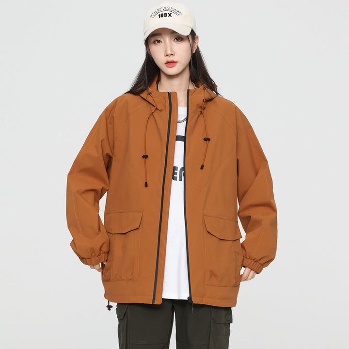 Damen Oversize Windbreaker Jacke mit Kapuze und Cargotaschen Drune