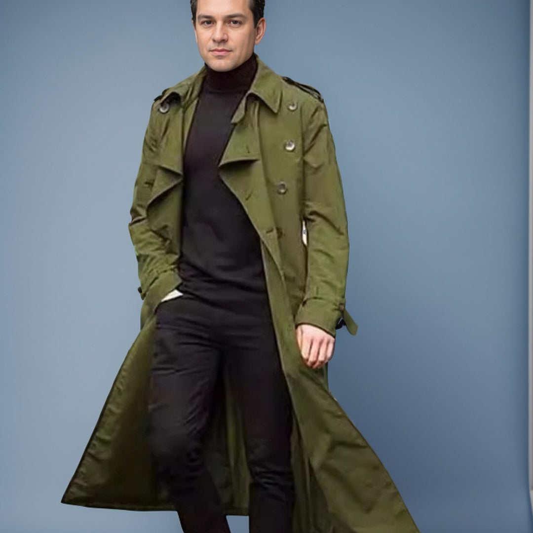 Herren eleganter Trenchcoat mit taillierbarem Gürtel und klassischen Details Drune