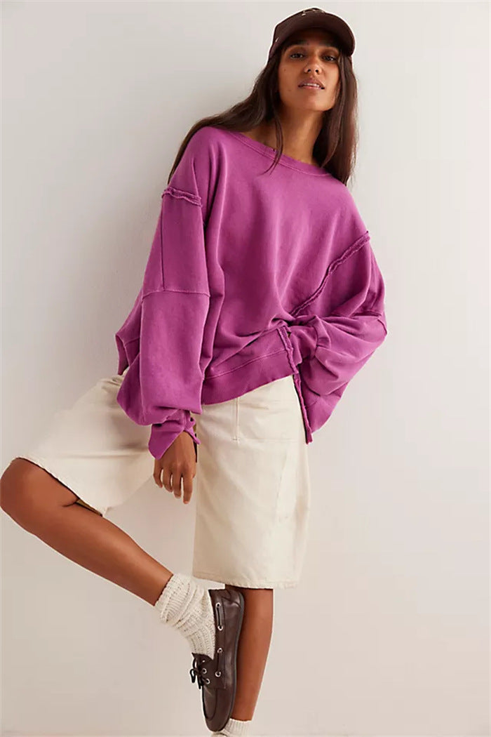 Damen oversized Sweatshirt mit Ballonärmeln, offenen Saumnähten und seitlichen Schlitzen Drune