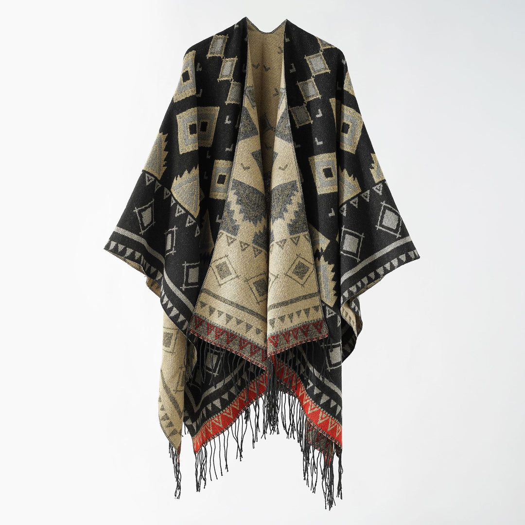 Damen Weichfallender Jacquard-Umhang im Ruana-Stil mit Fransen Drune