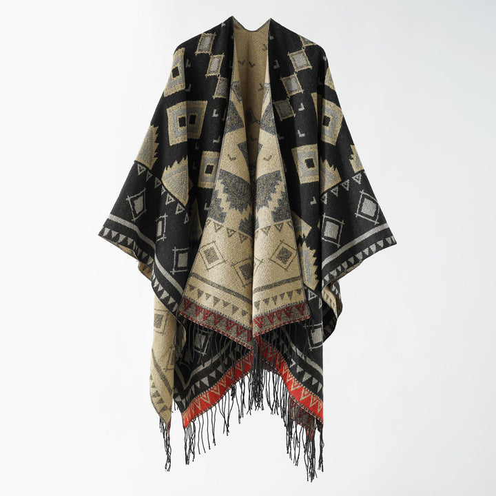 Damen Weichfallender Jacquard-Umhang im Ruana-Stil mit Fransen Drune