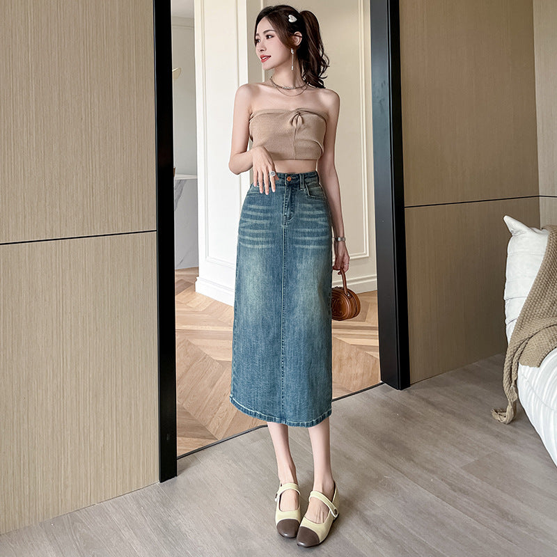 Damen Langer Denimrock mit Frontschlitz Drune