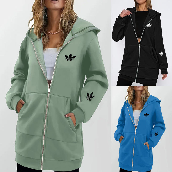 Damen Lange Kapuzen-Sweatjacke mit Metallreißverschluss, Kängurutaschen und figurumspielender Silhouette Drune