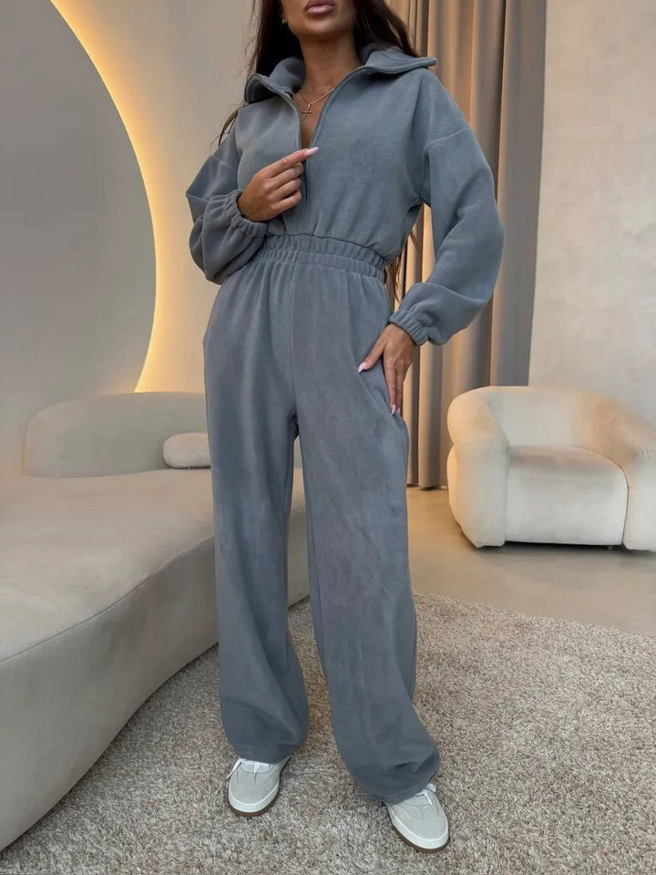 Damen eleganter Lounge-Overall mit elastischer Taillenpartie, Stehkragen, Reißverschluss und weitem Bein Drune