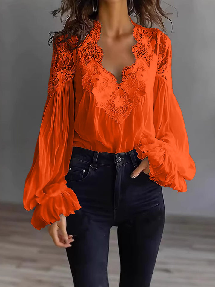 Damen Chiffon-Bluse mit Spitzen-V-Ausschnitt und weiten Plissee-Ärmeln Drune