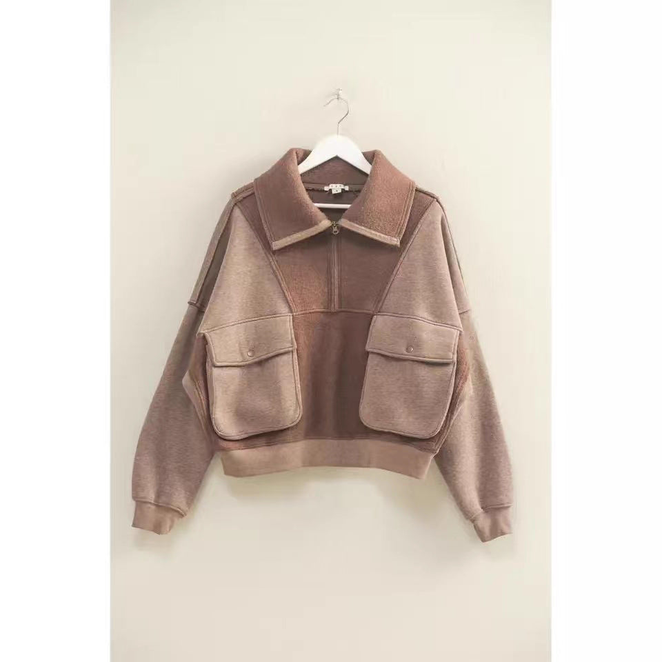 Damen lässiger Fleece-Pullover mit praktischen Tasche und hohem Kragen Drune