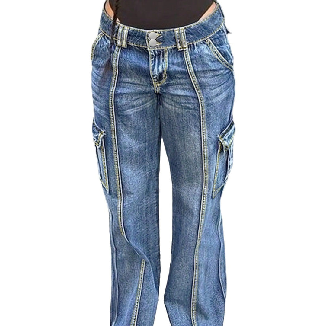 Damen taillenhohe Cargo-Jeans mit vertikalen Ziernähten und weitem Bein Drune