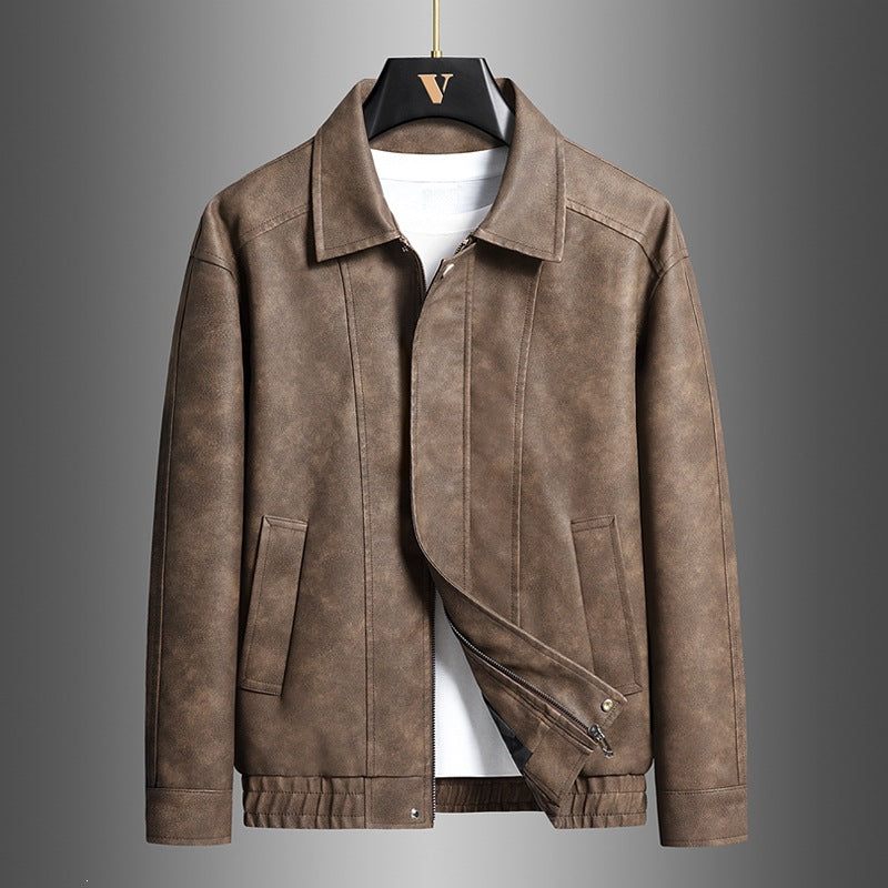 Herren Kurz geschnittene Kunstlederjacke im Vintage‑Look mit Hemdkragen & durchgehendem Reißverschluss Drune