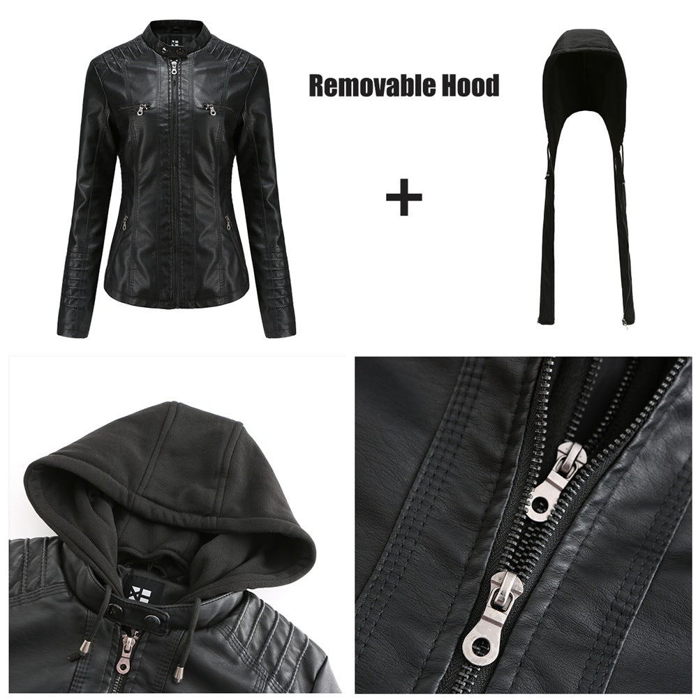 Damen nan taillierte Kunstlederjacke mit Kapuze, gesteppter Armblende und verdeckten Reißverschlusstaschen Drune