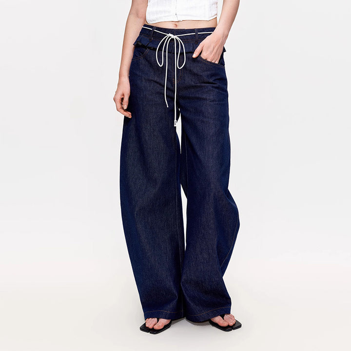 Damen weite Denim-Hose mit hoch geschnittenem Bund und modischen Falten Drune