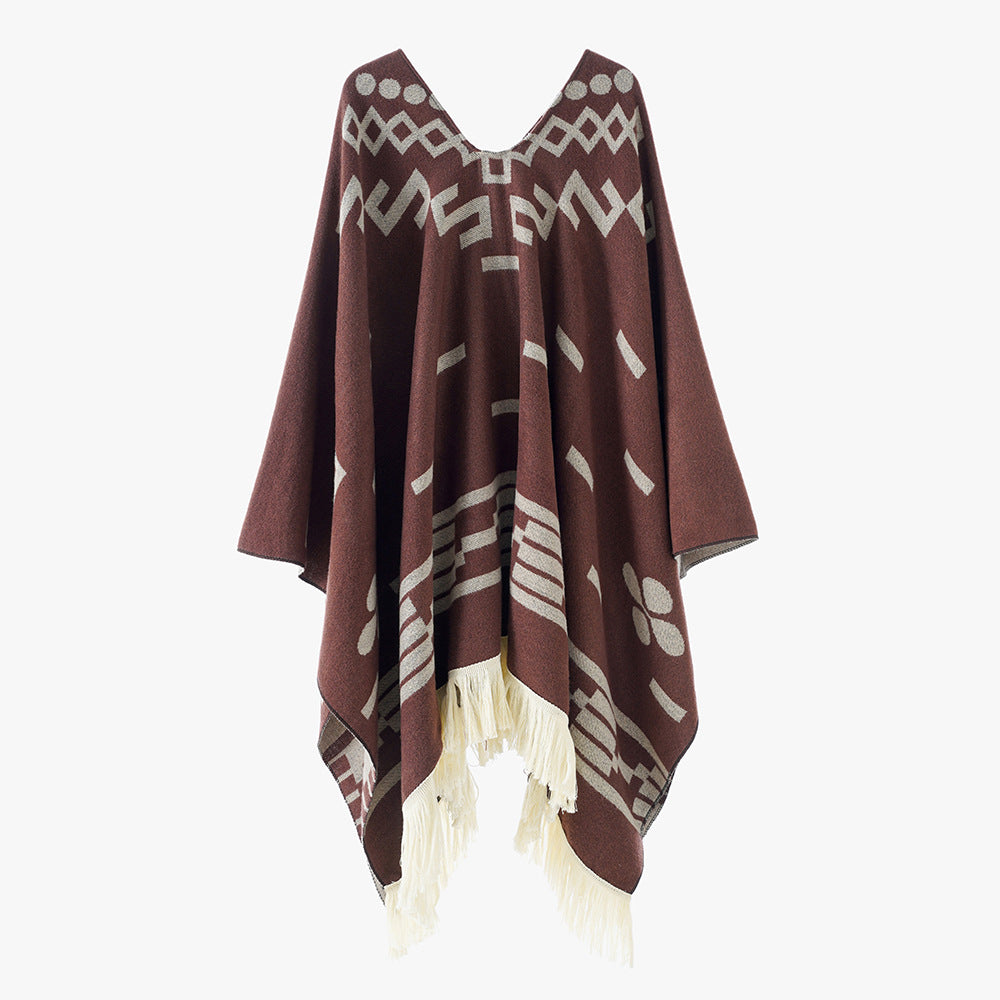 Damen V-Ausschnitt-Poncho im Jacquard-Strick mit Fransenabschluss Drune