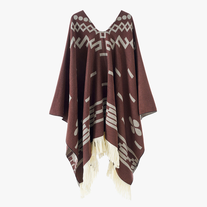 Damen V-Ausschnitt-Poncho im Jacquard-Strick mit Fransenabschluss Drune