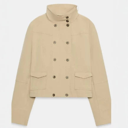 Damen Cropped doppeltreihige Kurzjacke mit Funnel‑Stehkragen und Pattentaschen Drune