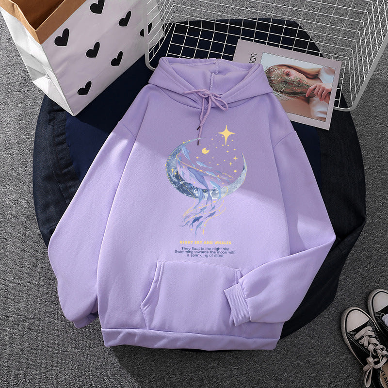 Damen nan Kapuzenpullover mit Mond‑und‑Wal-Illustration, Oversize-Schnitt und Kängurutasche Drune