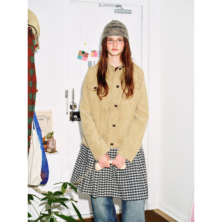 Damen Kurz geschnittene Cordjacke mit Fransenabschlüssen, Hemdkragen und Pattentaschen Drune