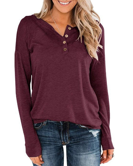 Damen modisches Langarm-Henley-Shirt mit Knopfleiste Drune
