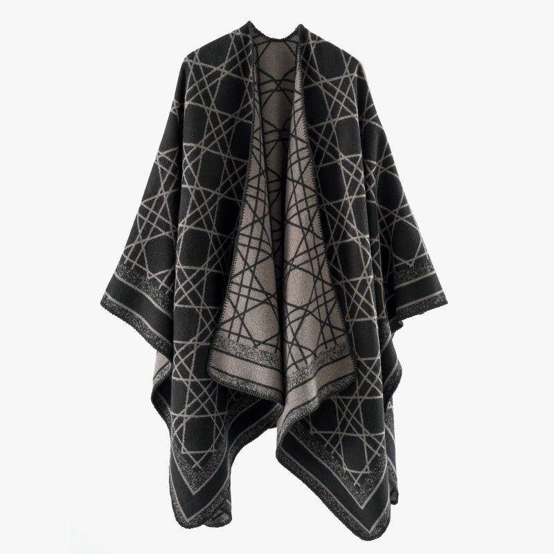 Damen Wendbarer Jacquard-Capeponcho mit geometrischem Allovermuster und offenem Kimono-Fall Drune