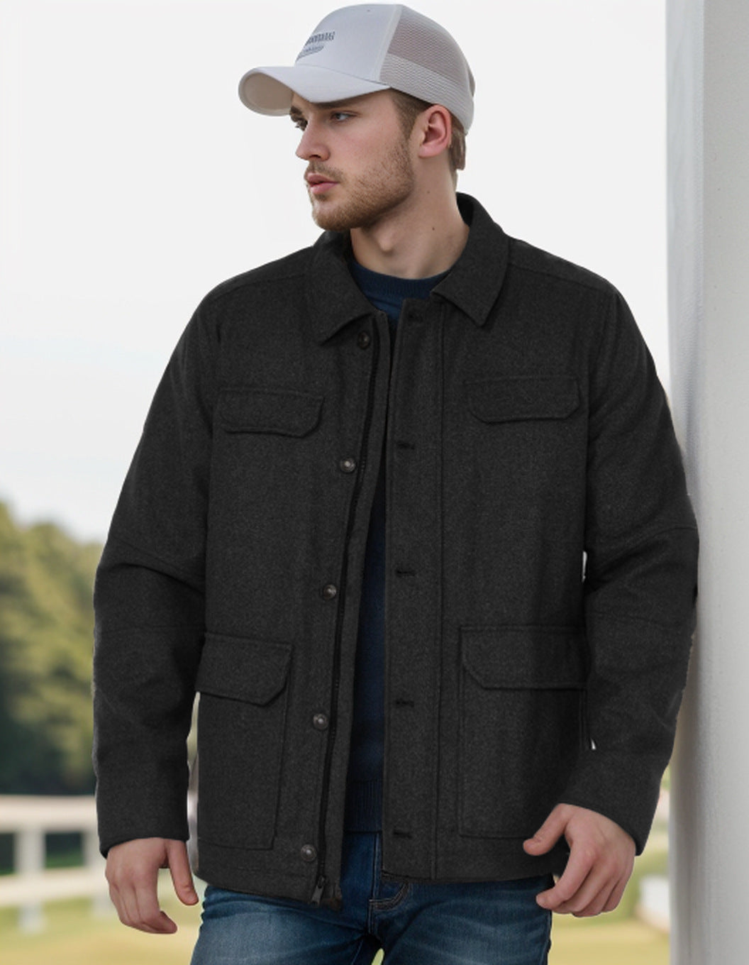 Herren Wollmix-Fieldjacke mit Pattentaschen, durchgehender Knopfleiste und Hemdkragen Drune