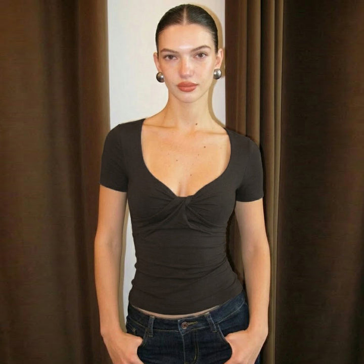 Damen figurbetontes T-Shirt mit Knotendetail Drune