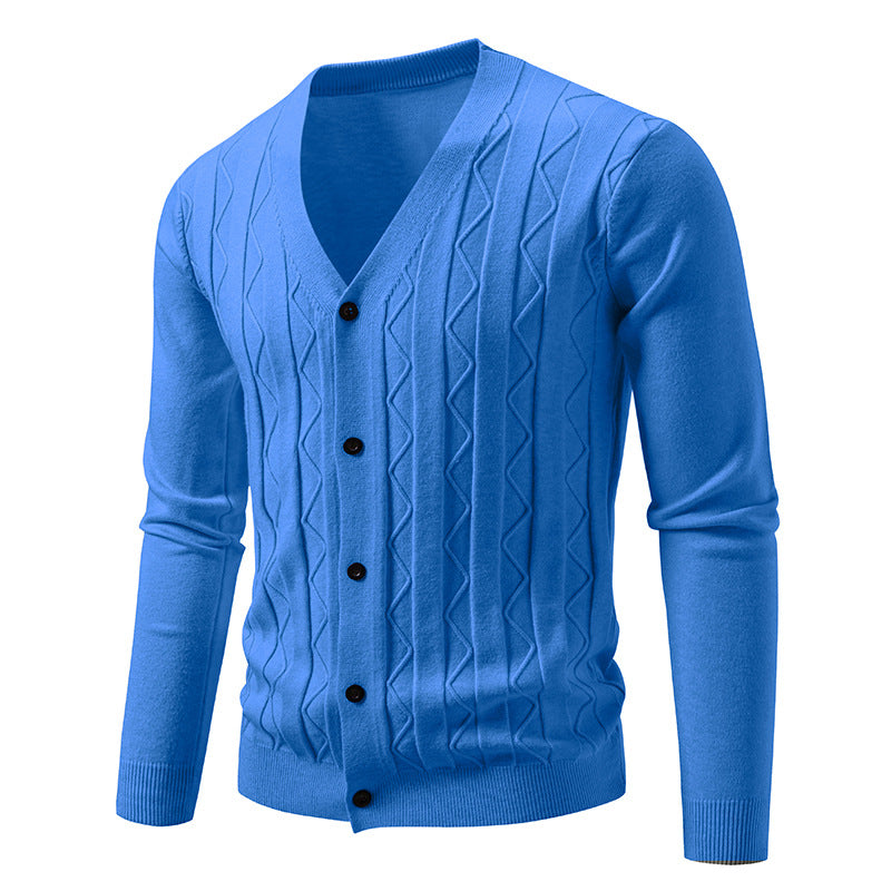 Herren nan V-Ausschnitt Strickjacke mit dezenter Zopfmusterstruktur und durchgehender Knopfleiste Drune