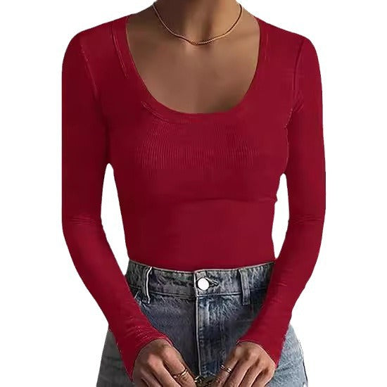 Damen Schmal geschnittenes Langarm-Feinstricktop mit weitem U-Ausschnitt Drune