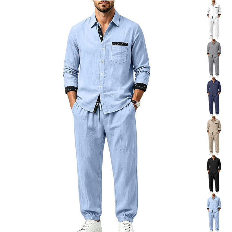 Herren Leichter Baumwoll-Loungewear-Zweiteiler mit Hemd und Kordel-Jogger Drune