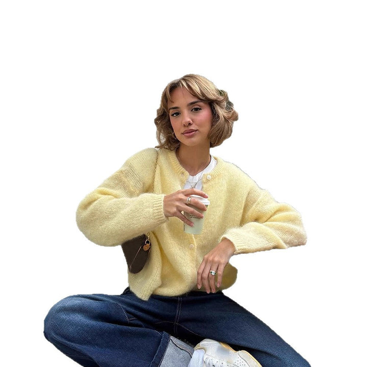 Damen weicher Strickcardigan mit großen Puffärmeln Drune