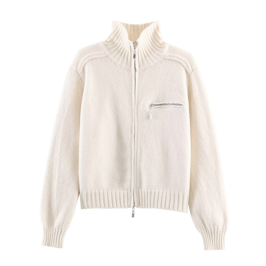 Damen Grobgestrickte Reißverschluss‑Strickjacke mit hohem Rippkragen und Brusttasche Drune