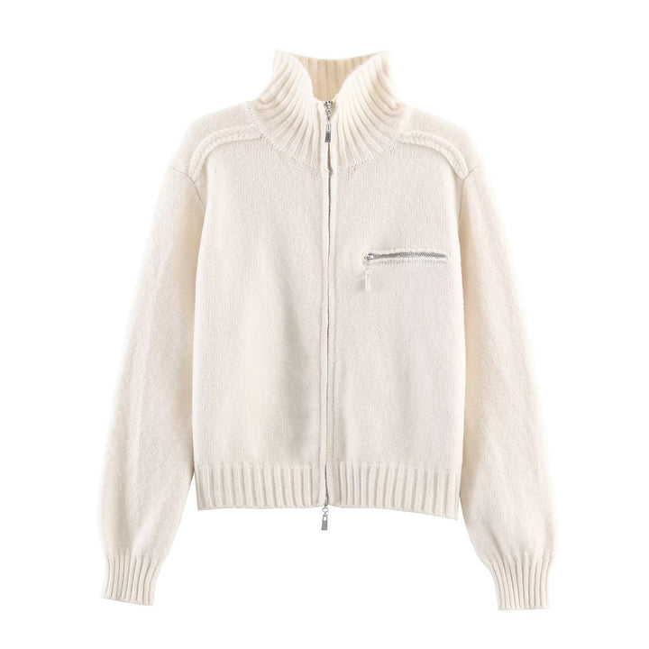 Damen Grobgestrickte Reißverschluss‑Strickjacke mit hohem Rippkragen und Brusttasche Drune