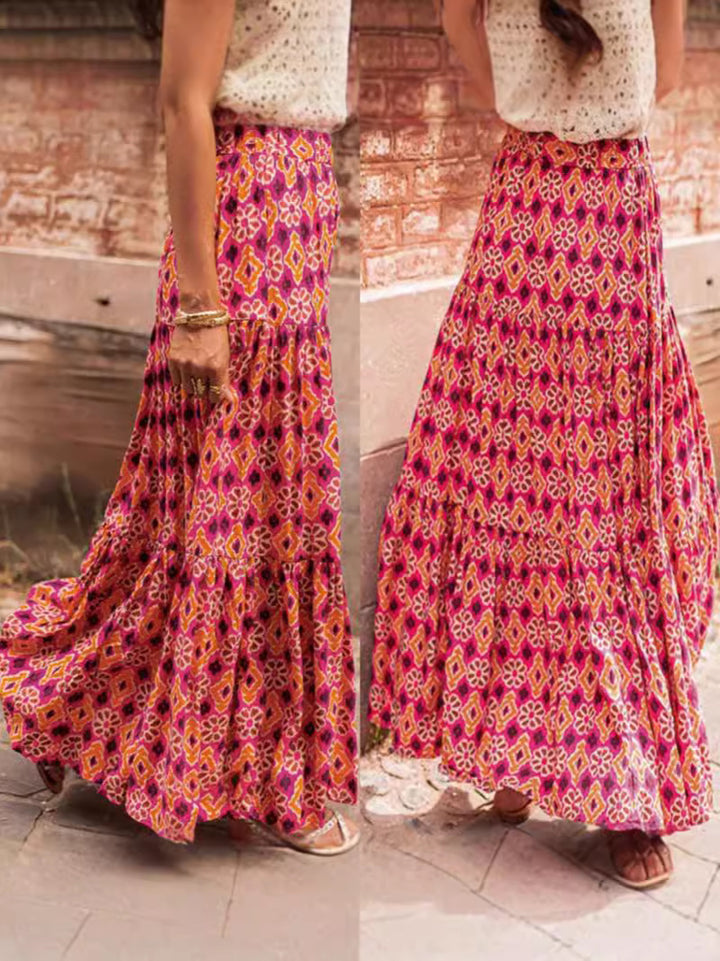 Damen Maxirock mit schwingendem Saum und buntem Ethno-Print Drune