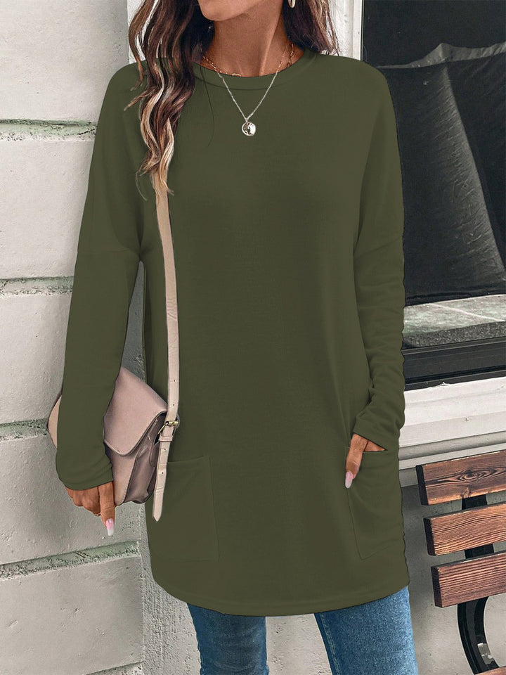 Weit geschnittene lange Tunika für Damen mit rundem Ausschnitt, seitlichen Taschen und weichem Jersey Drune
