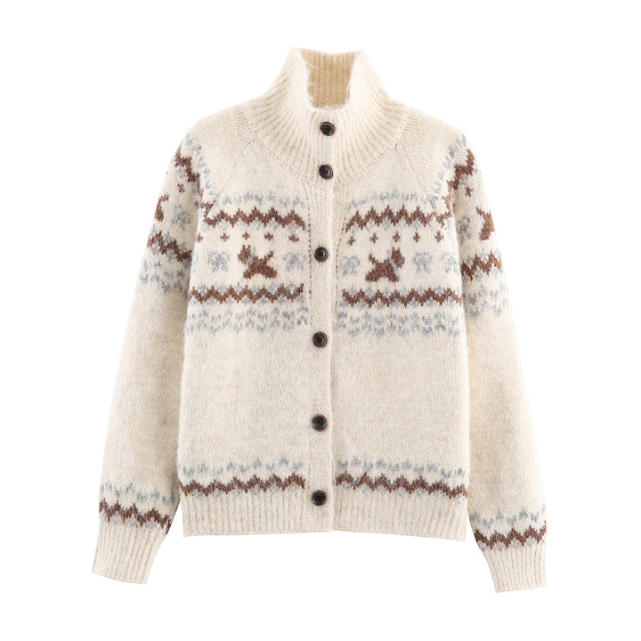 Damen Strick-Cardigan mit Norwegermuster und hohem Rollkragen Drune