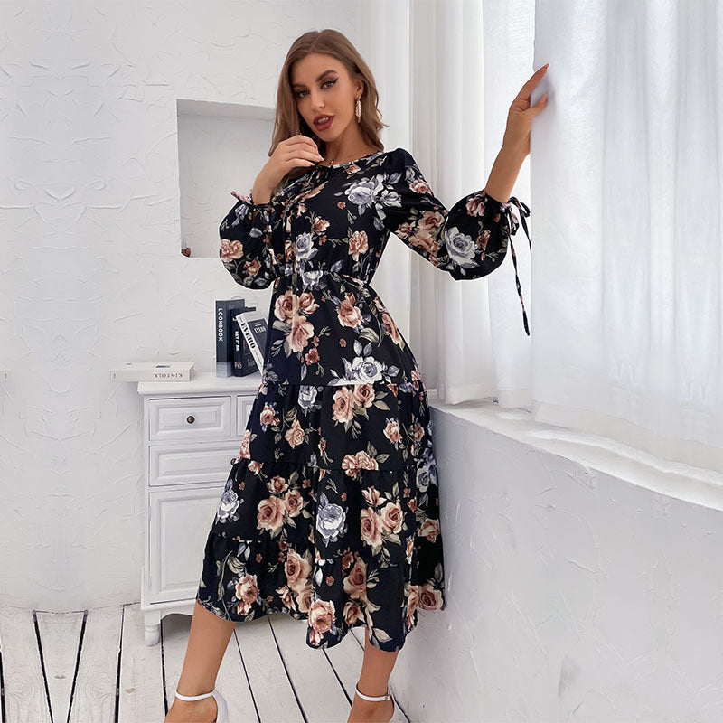 Damen Blumiges Stufen-Midikleid mit Taillenschnürung und Ballonärmeln Drune