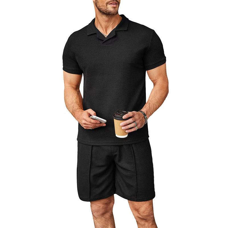Herren sportliches Kurzarm-Set aus hochwertigem Strickmaterial mit kontrastierendem Kragen Drune