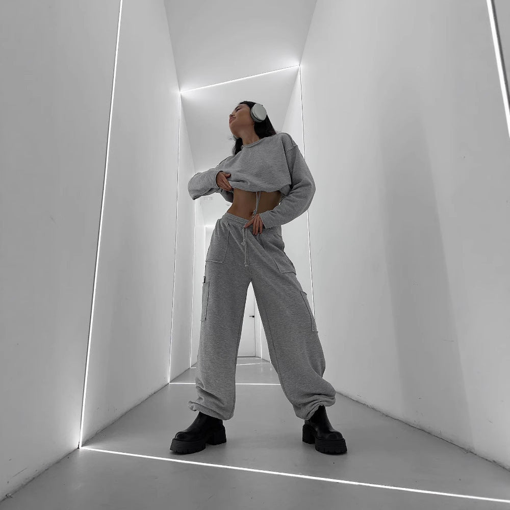 Damen Kurzes Tunnelzug-Sweatshirt mit geripptem Saum und lässiger High‑Waist‑Jogginghose Drune