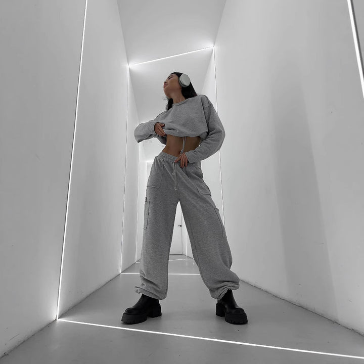 Damen Kurzes Tunnelzug-Sweatshirt mit geripptem Saum und lässiger High‑Waist‑Jogginghose Drune