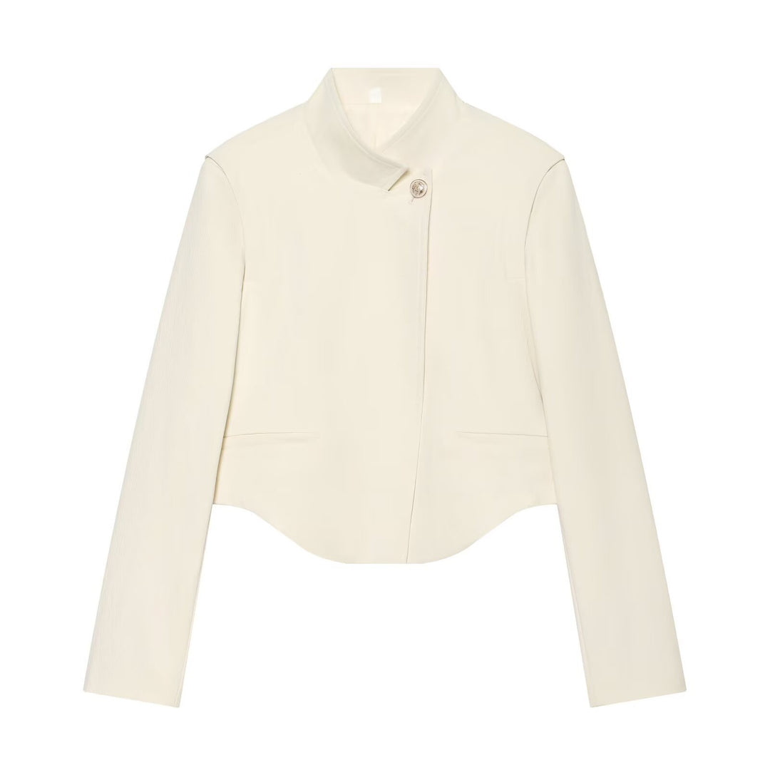 Damen Kurze Tailleurjacke mit Stehkragen, asymmetrischem Saum und Nahttaschen Drune