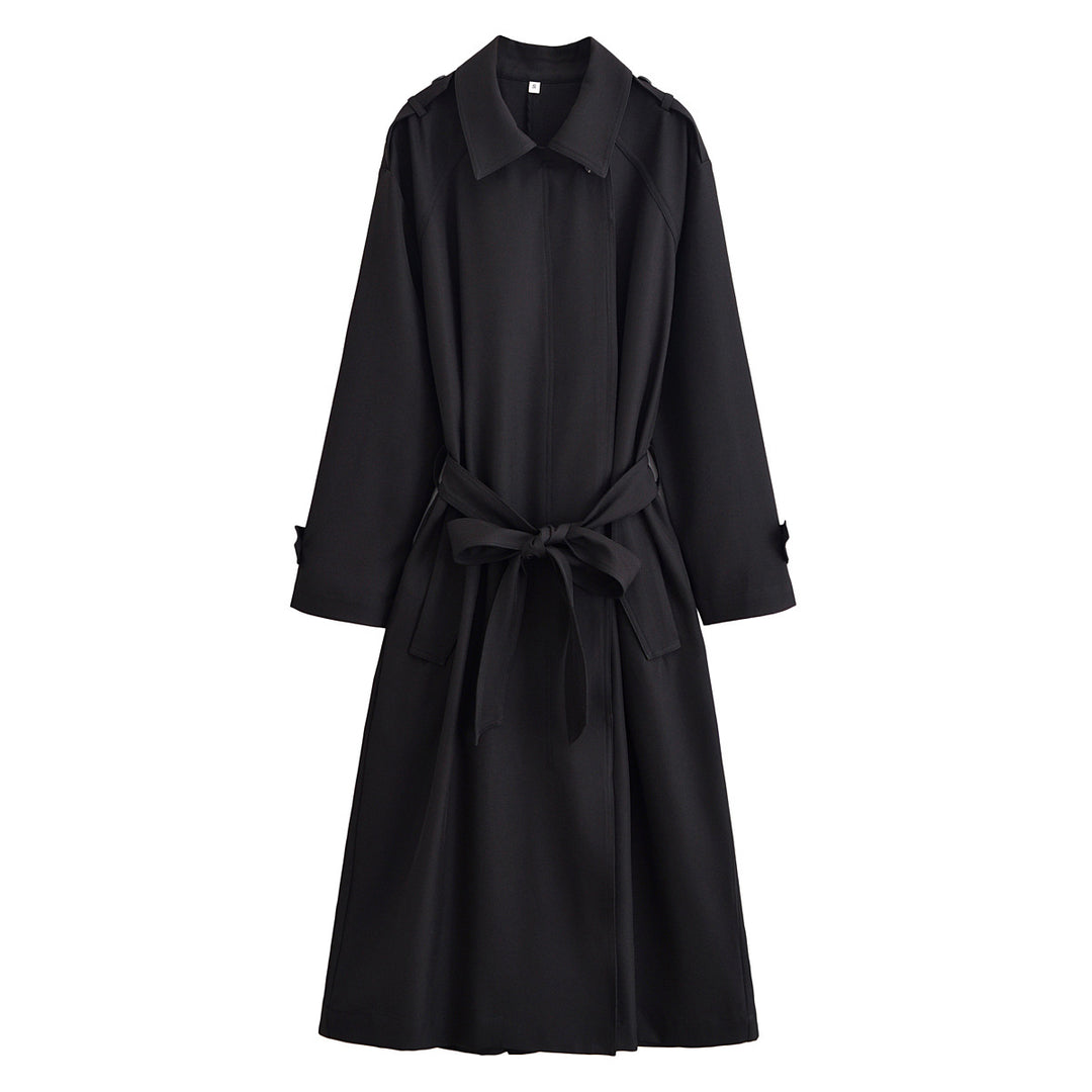 Damen Langer taillierbarer Trenchcoat mit Bindegürtel und Epauletten Drune