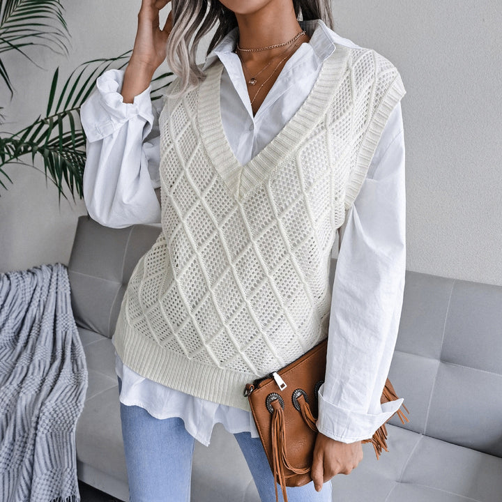 Damen Strickweste mit V-Ausschnitt und karoartigem Muster Drune