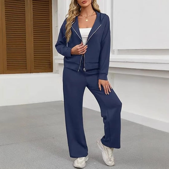 Damen nan Casual-Lounge-Set mit taillierter Zip-Kapuzenjacke, Kordelzug und weitem Palazzo-Jogger Drune