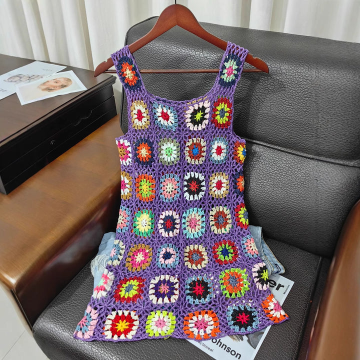 Damen luftiges Häkelkleid mit buntem Granny-Quadrat-Muster Drune