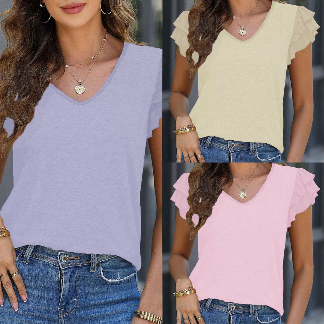 Damen V-Ausschnitt T-Shirt mit Rüschendetails und weich fließendem Stoff Drune