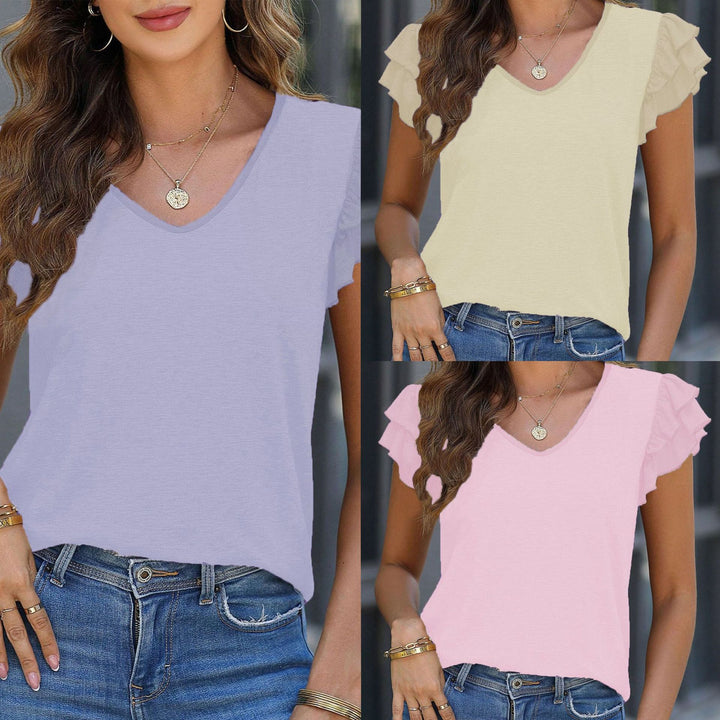 Damen V-Ausschnitt T-Shirt mit Rüschendetails und weich fließendem Stoff Drune