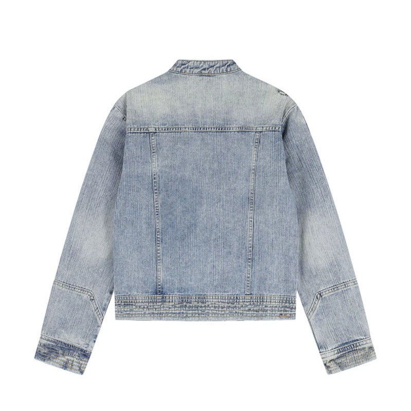Damen asymmetrische Jeansjacke im Bikerstil mit Stehkragen und diagonalem Reißverschluss Drune