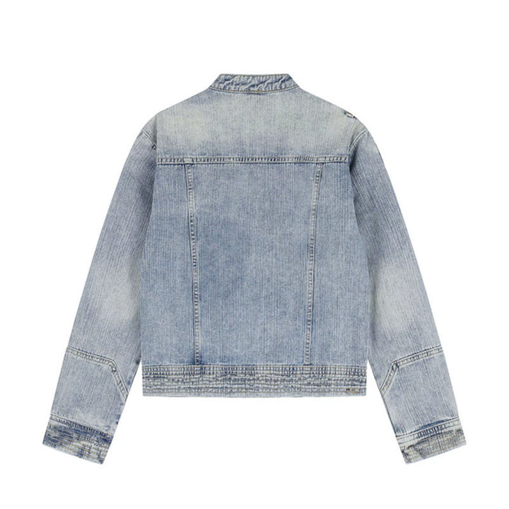 Damen asymmetrische Jeansjacke im Bikerstil mit Stehkragen und diagonalem Reißverschluss Drune