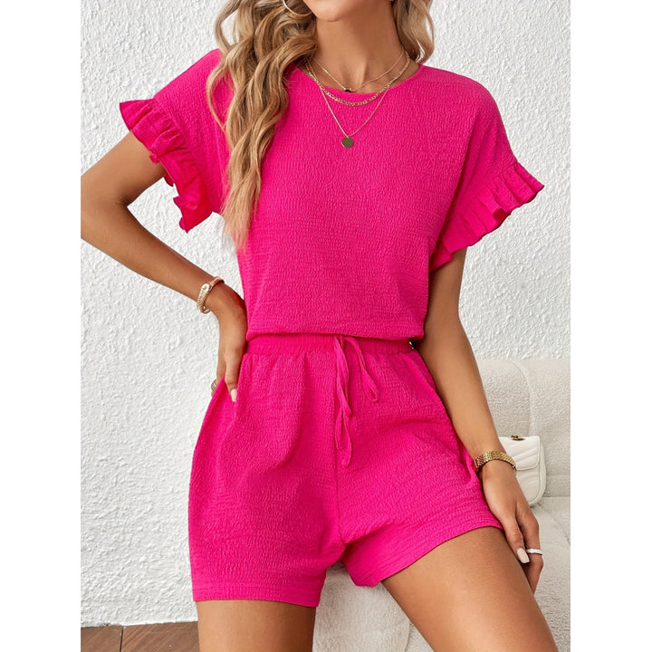 Damen Kurzarm-Overall mit Rüschendetails und Bindegürtel Drune