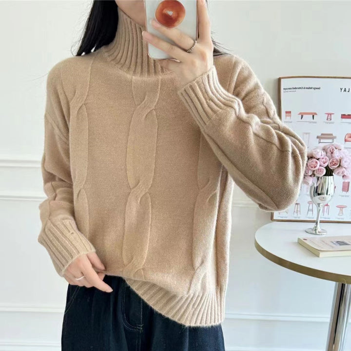 Damen Strickpullover mit hohem Kragen und Kabelmuster Drune